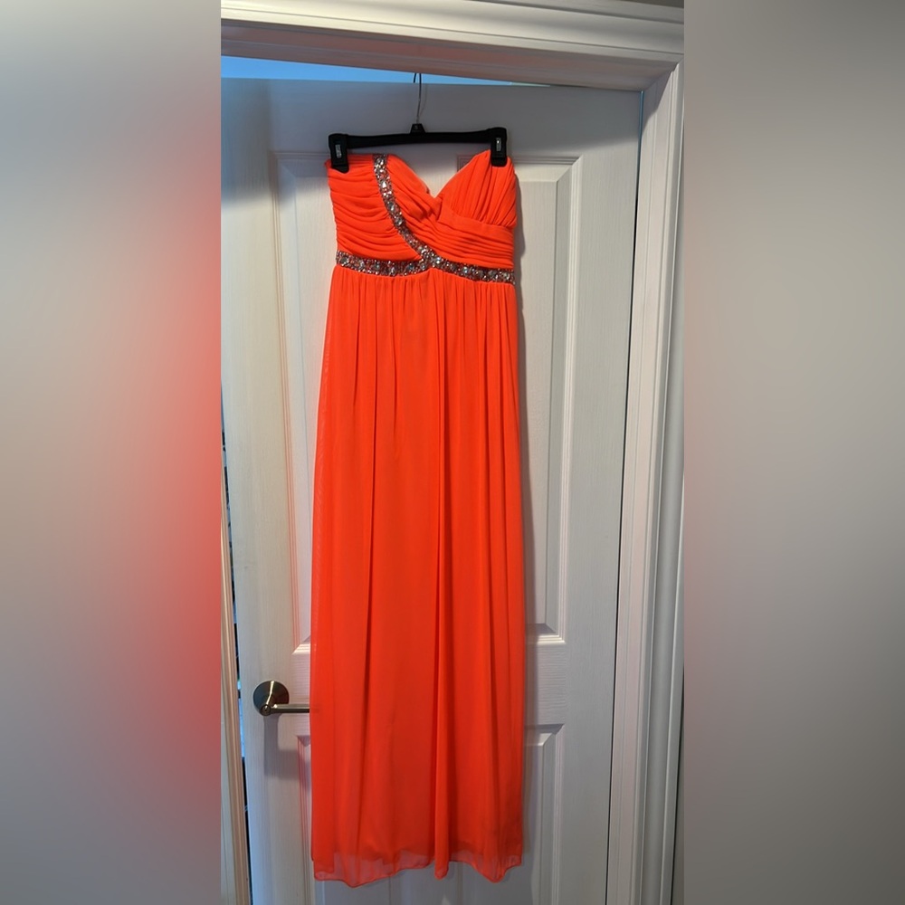 Bright orange long strapless dress with jewels size 7 City Studio